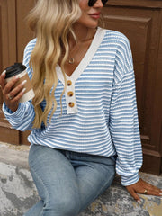 Striped V-Neck Button Front Casual Top