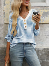 Striped V-Neck Button Front Casual Top Sky Blue / S