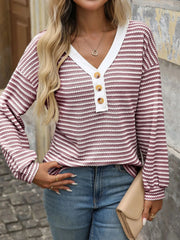 Striped V-Neck Button Front Casual Top Wine Red / S