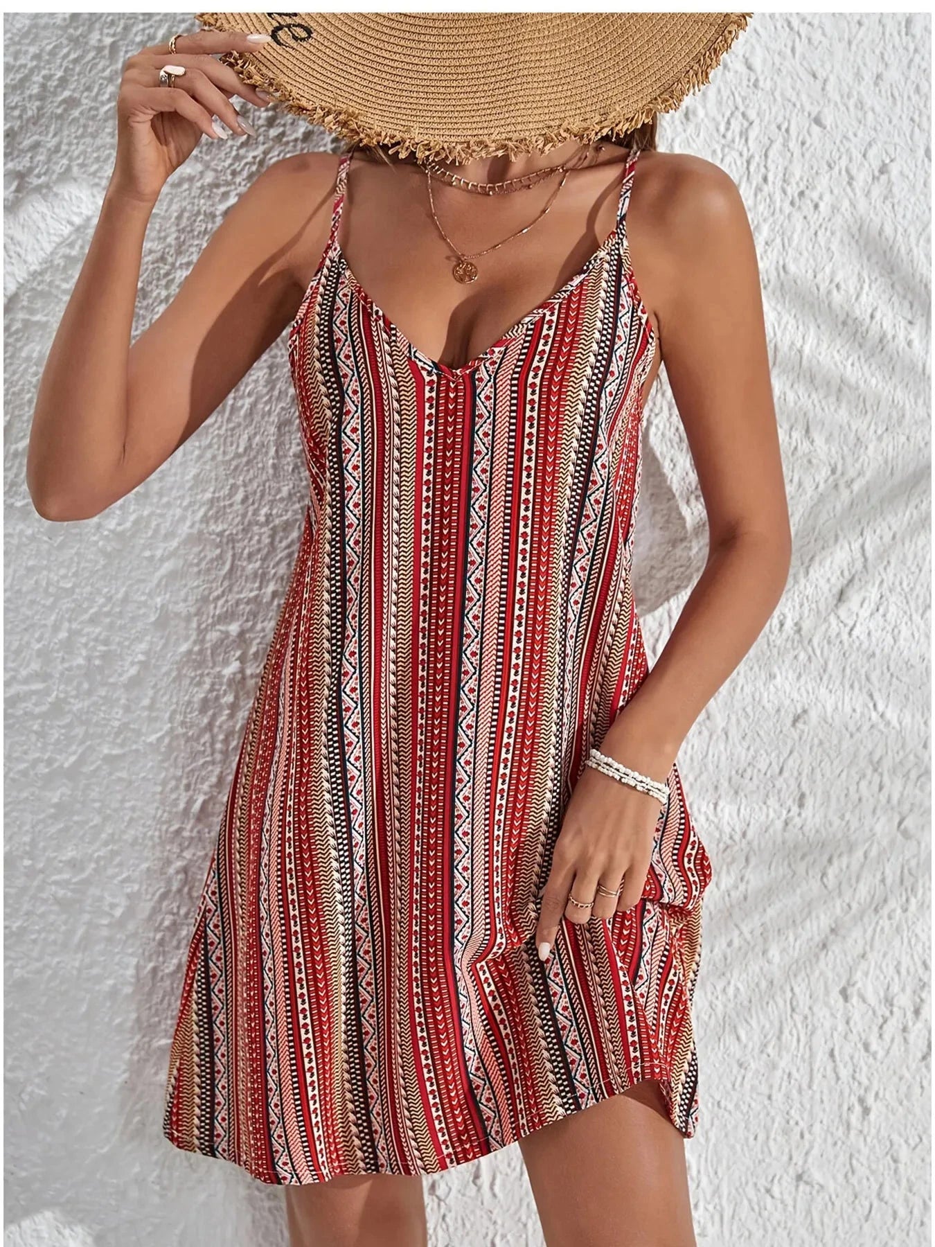 Striped V-Neck Cami Dress Red / S