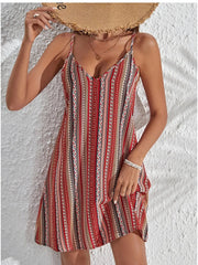 Striped V-Neck Cami Dress Red / S