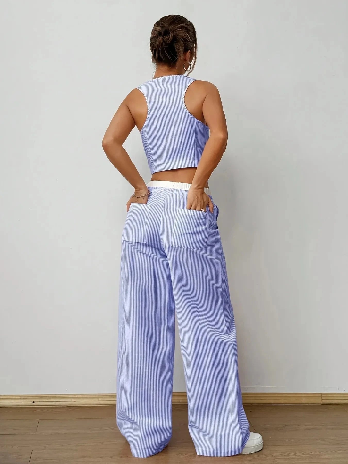 Striped Vest Top and Wide Leg Pants Two-Piece Set