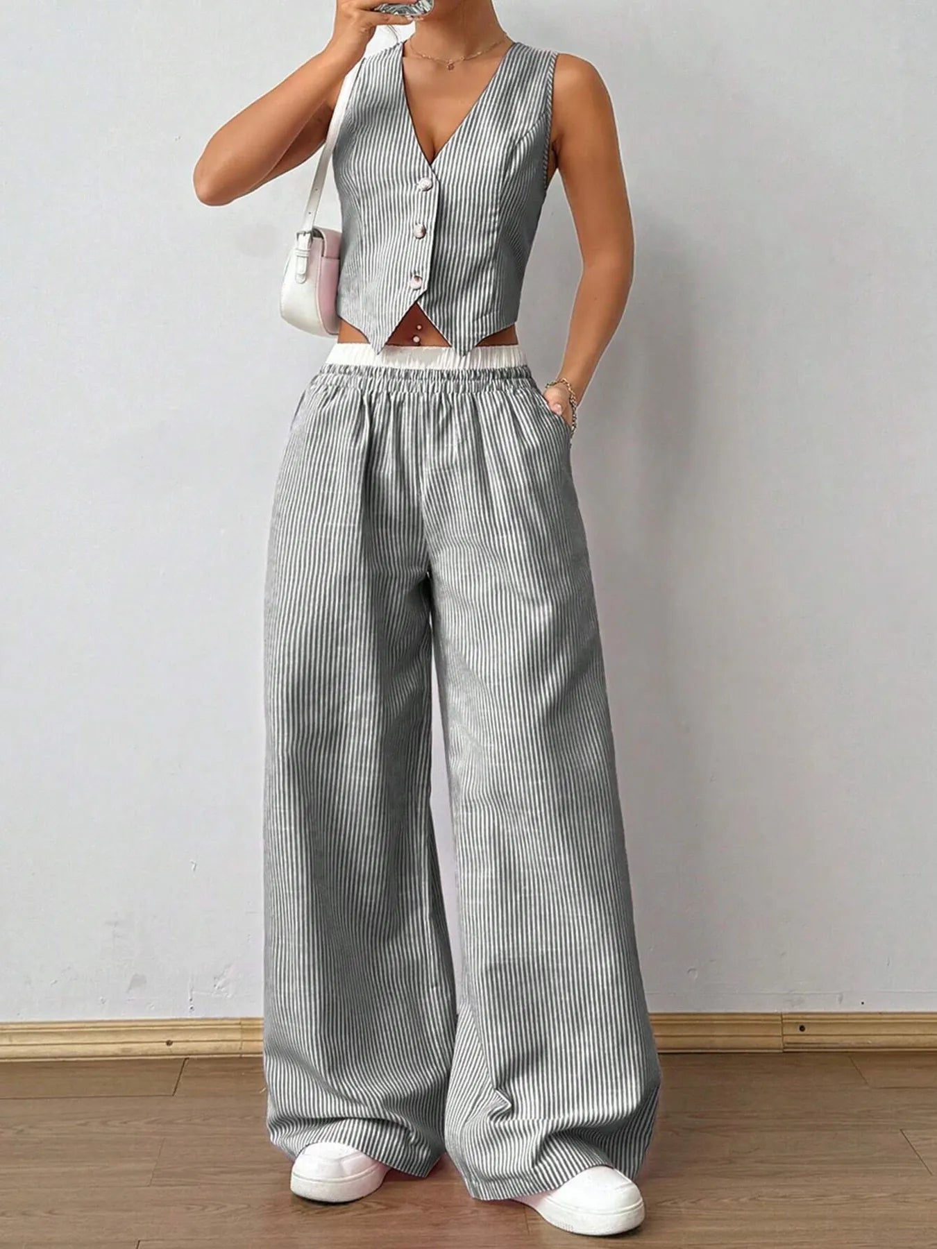 Striped Vest Top and Wide Leg Pants Two-Piece Set