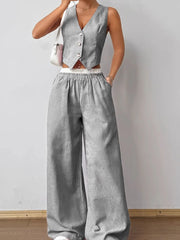 Striped Vest Top and Wide Leg Pants Two-Piece Set Dark Gray / S