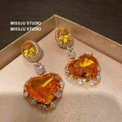 Studded Heart-Shaped Canary Yellow Dangle Earrings Yellow