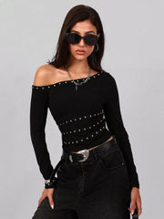 Studded One Shoulder Long Sleeve T-Shirt
