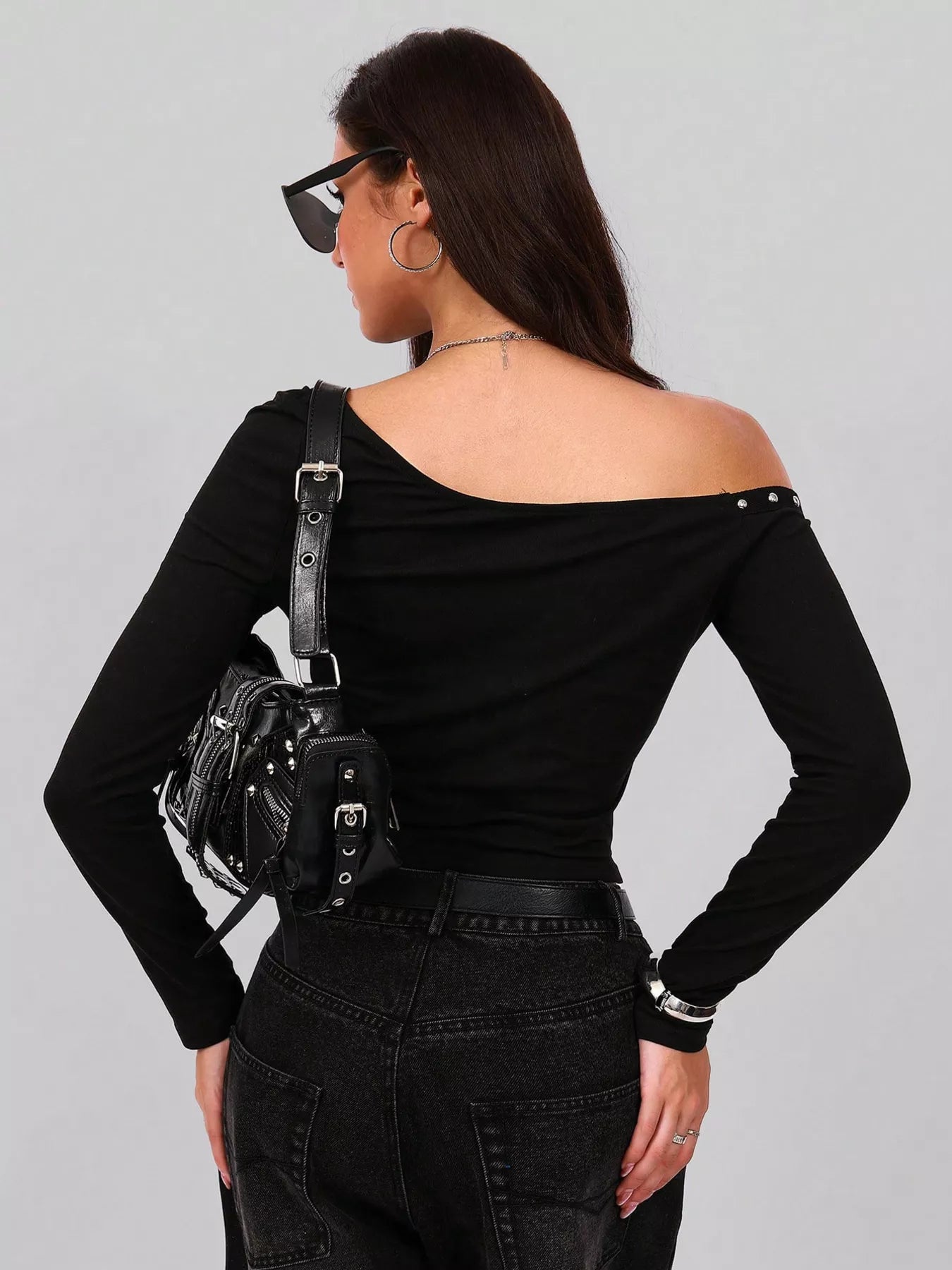 Studded One Shoulder Long Sleeve T-Shirt