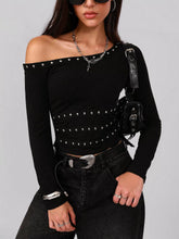 Studded One Shoulder Long Sleeve T-Shirt Black / S