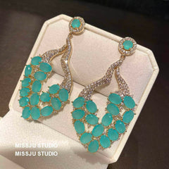 Studded Opal Gemstone Leaf Deco Statement Earrings Blue