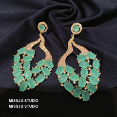 Studded Opal Gemstone Leaf Deco Statement Earrings Blue
