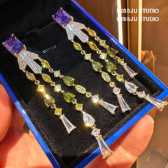 Studded Tassel Drop Rhinestone Gold Earrings Multicolor