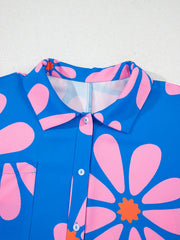 Summer Flower Print Shirt Collar Button Front Loose Romper