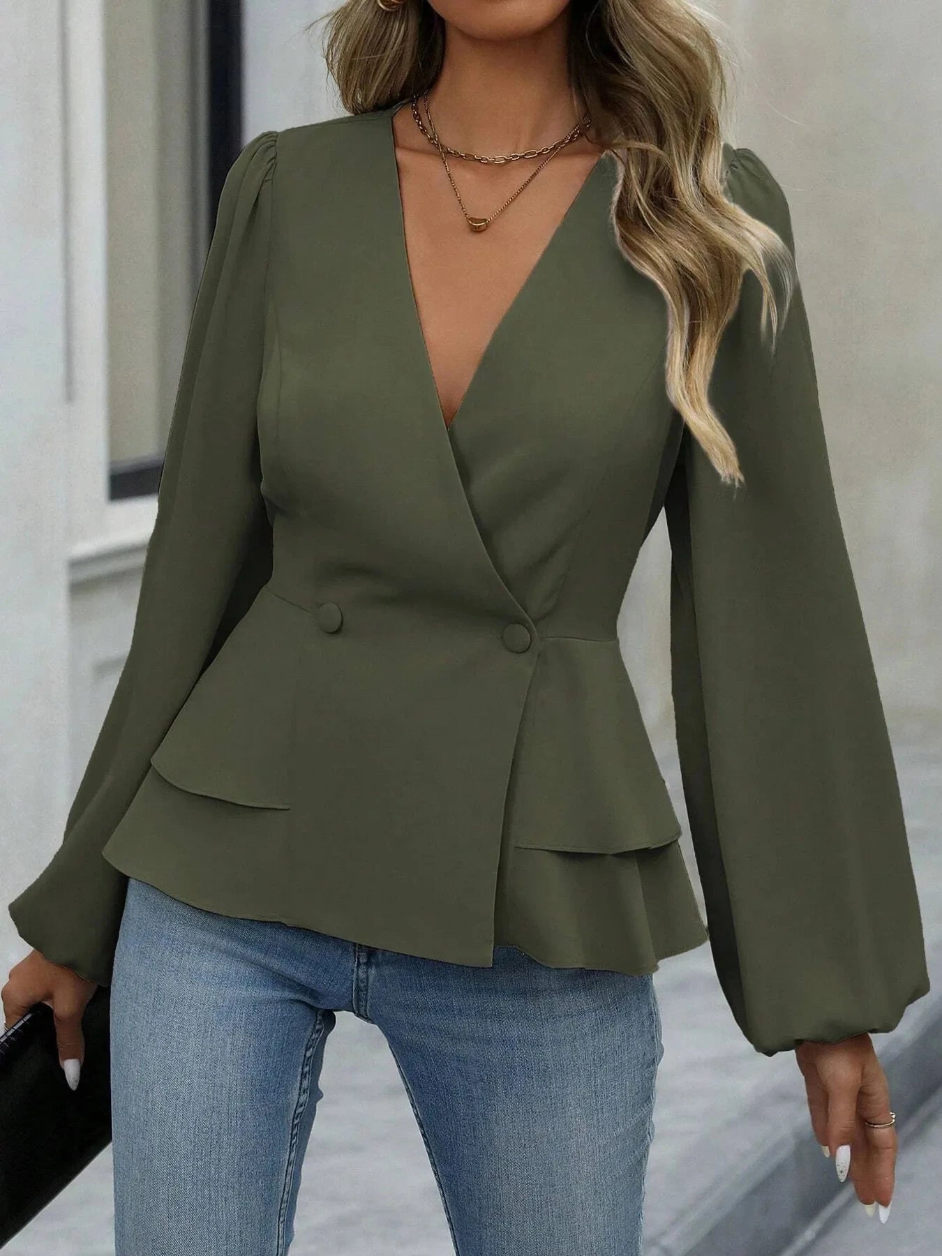Surplice Balloon Sleeve Blouse Army Green / S
