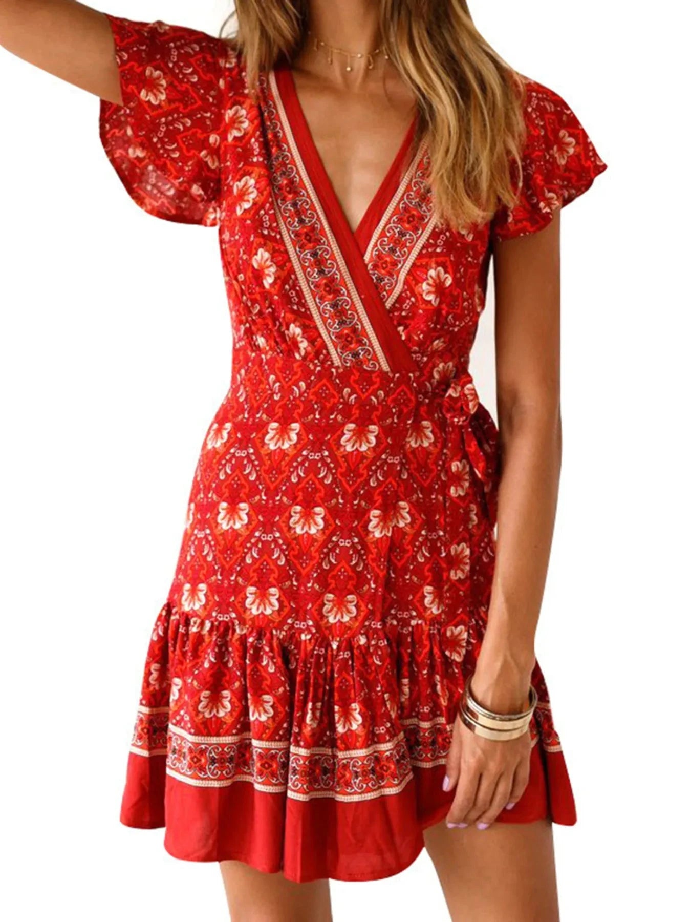 Surplice Flutter Sleeve Mini Dress