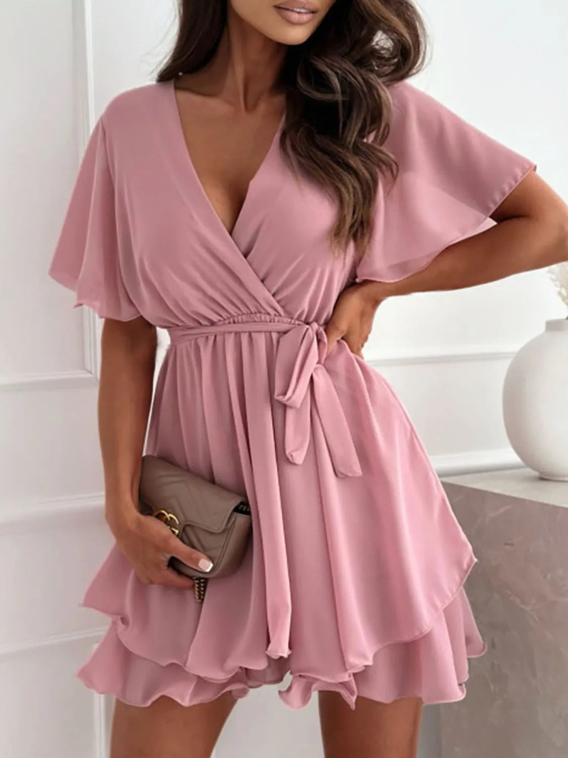 Surplice Flutter Sleeve Mini Dress Dusty Pink / S