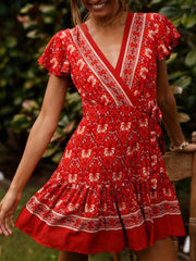 Surplice Flutter Sleeve Mini Dress Scarlet / S