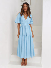 Surplice Half Puff Sleeve Midi Dress