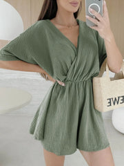 Surplice Half Sleeve Wrap Romper Army Green / S