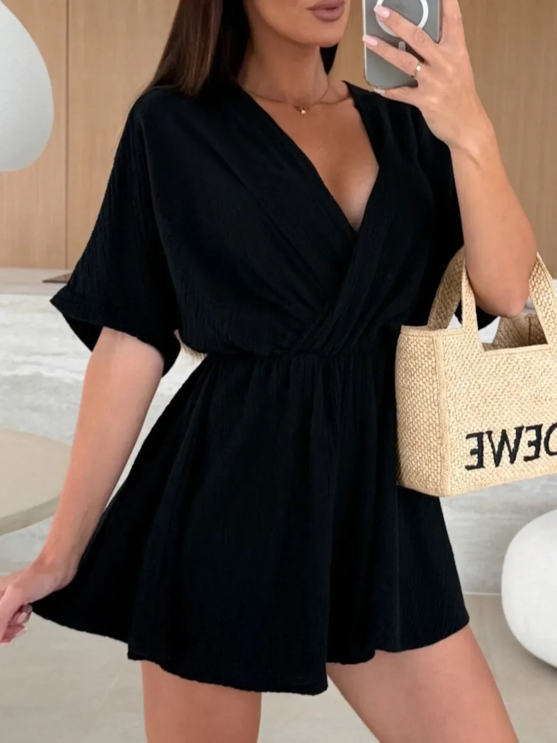 Surplice Half Sleeve Wrap Romper Black / S