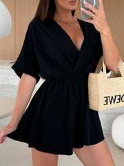 Surplice Half Sleeve Wrap Romper Black / S