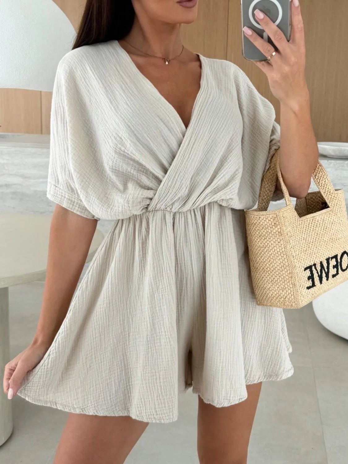 Surplice Half Sleeve Wrap Romper Off-white / S
