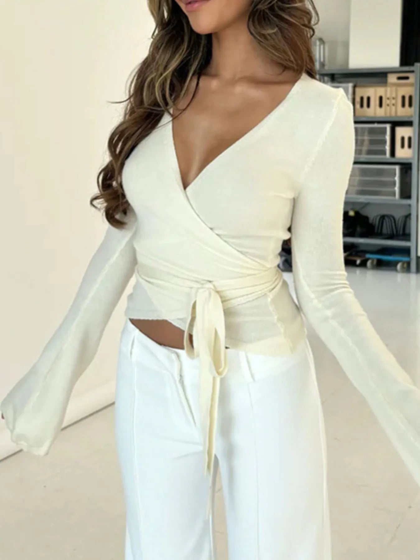 Surplice Long Sleeve Ruched Top