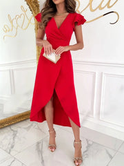 Surplice Ruffled Cap Sleeve Dress Red / S
