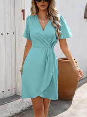 Surplice Short Sleeve Mini Dress Pastel Blue / S