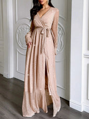 Surplice Slit Tie Waist Maxi Dress Gold / S