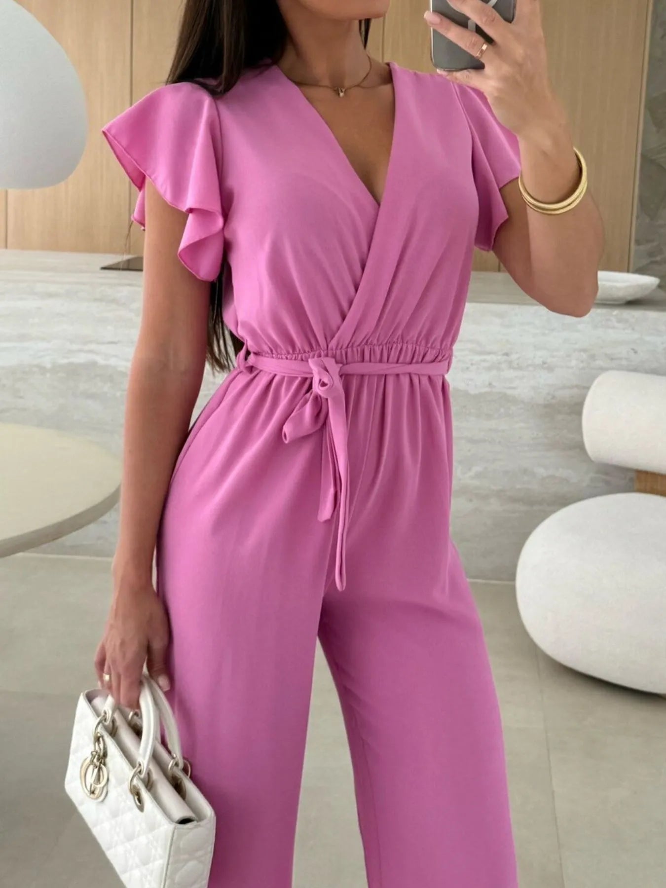 Surplice Wide Leg Belted Jumpsuit