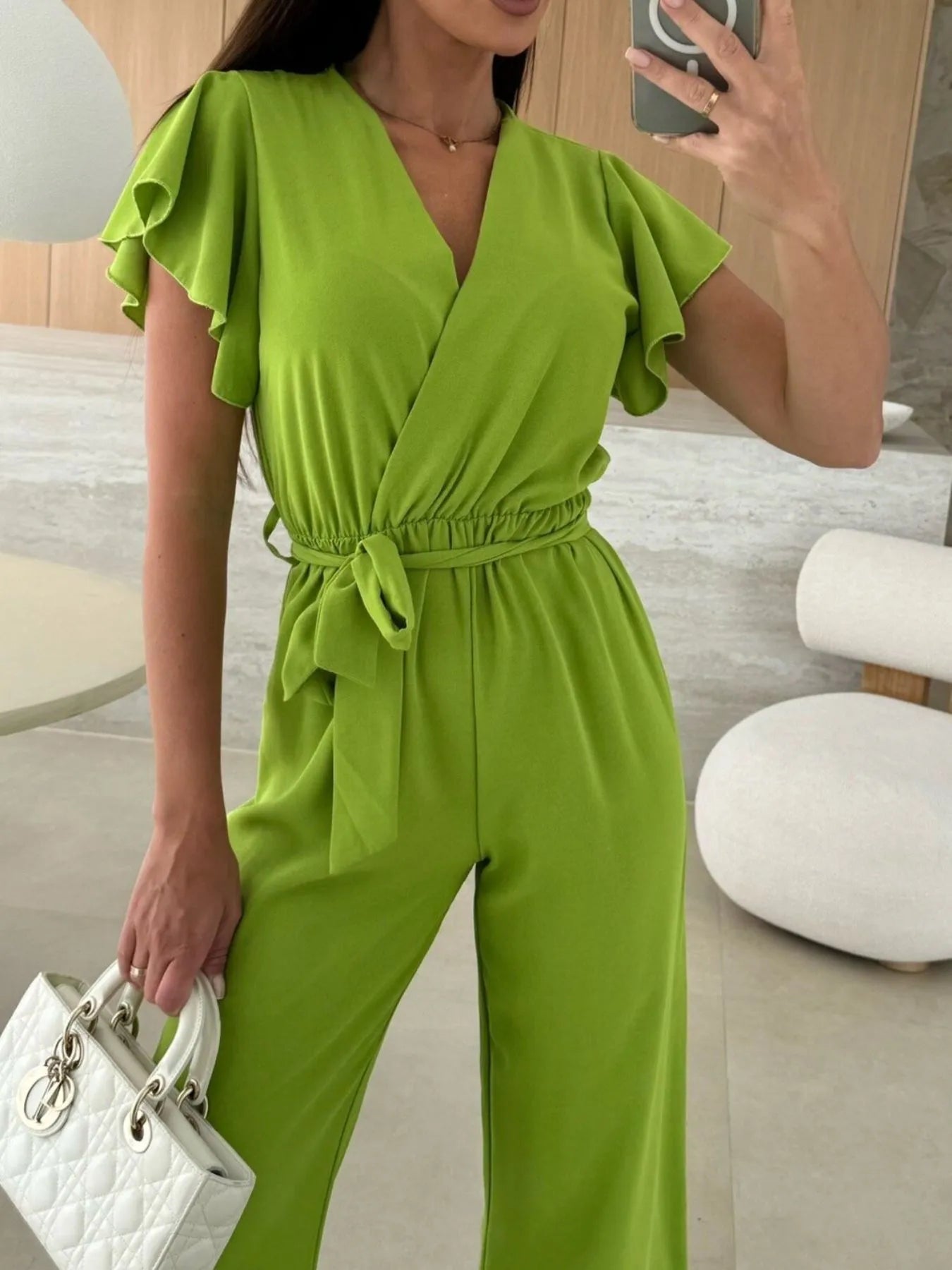 Surplice Wide Leg Belted Jumpsuit