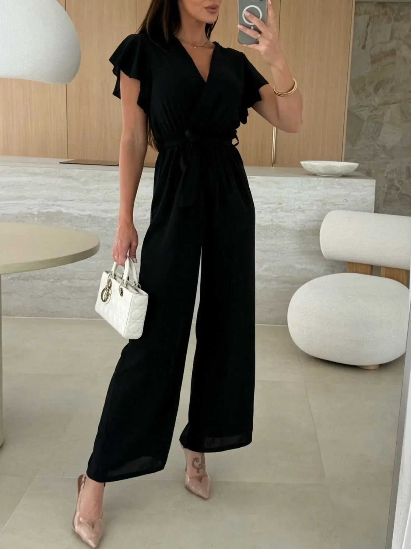 Surplice Wide Leg Belted Jumpsuit