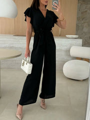 Surplice Wide Leg Belted Jumpsuit
