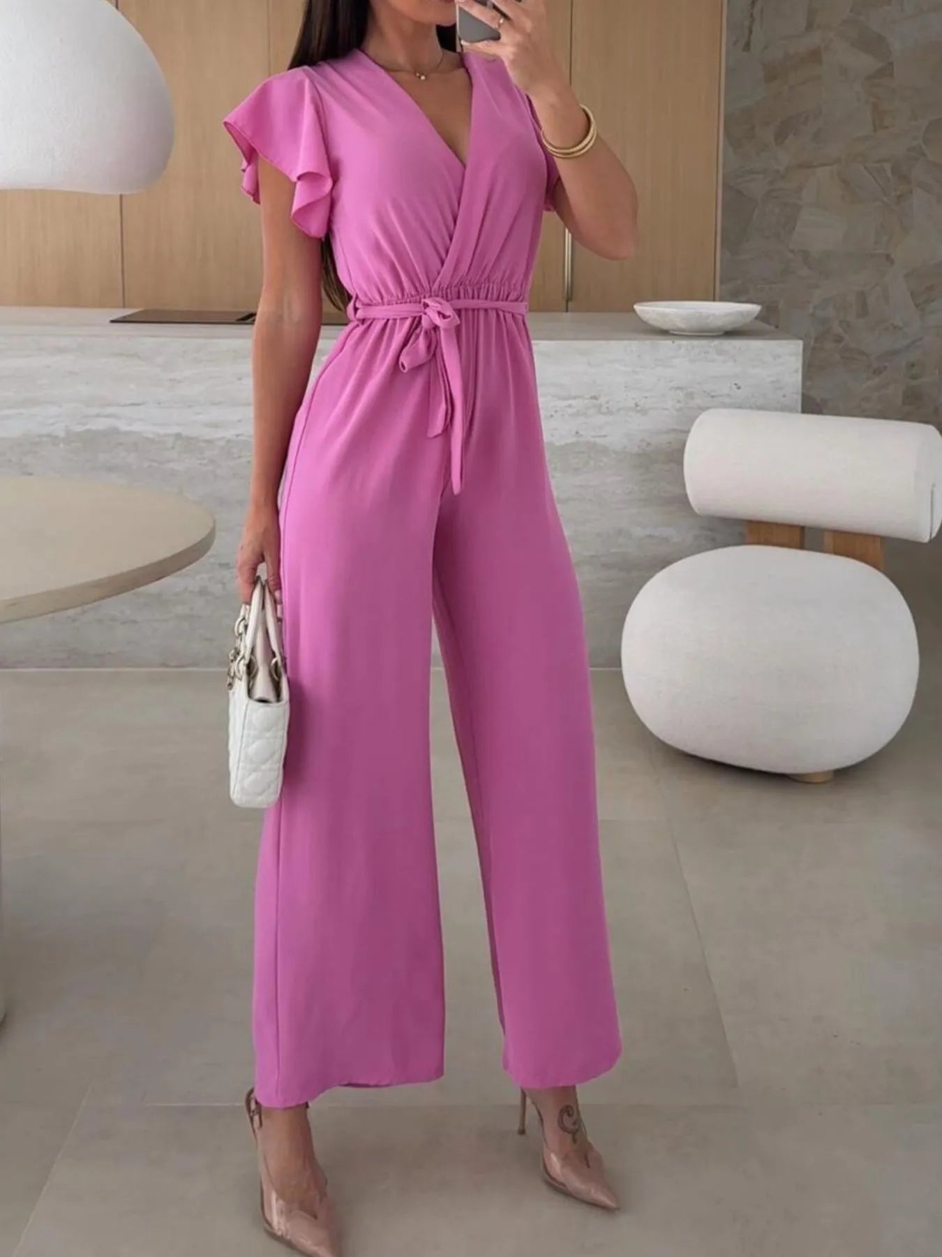 Surplice Wide Leg Belted Jumpsuit
