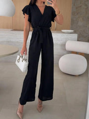 Surplice Wide Leg Belted Jumpsuit