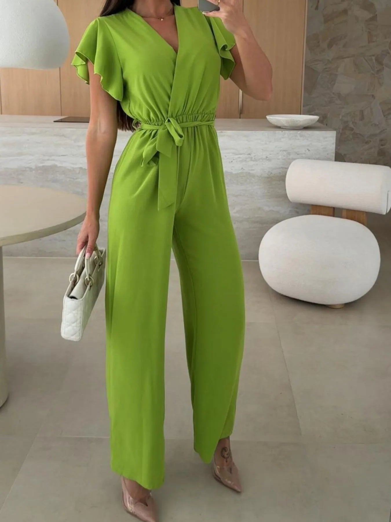 Surplice Wide Leg Belted Jumpsuit