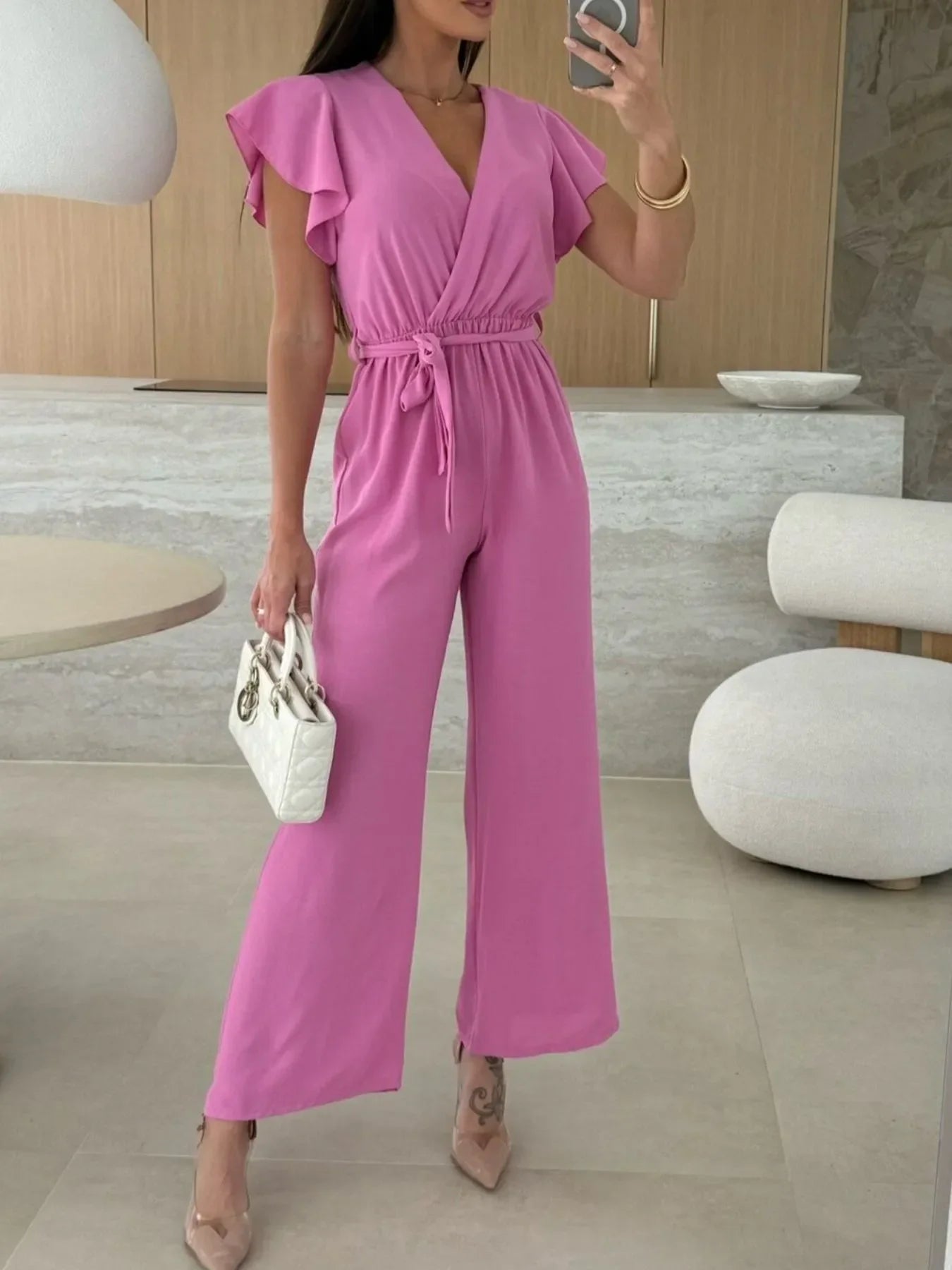 Surplice Wide Leg Belted Jumpsuit Fuchsia Pink / S