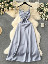 Suspender Draped Satin Backless Mermaid Dress S / Blue