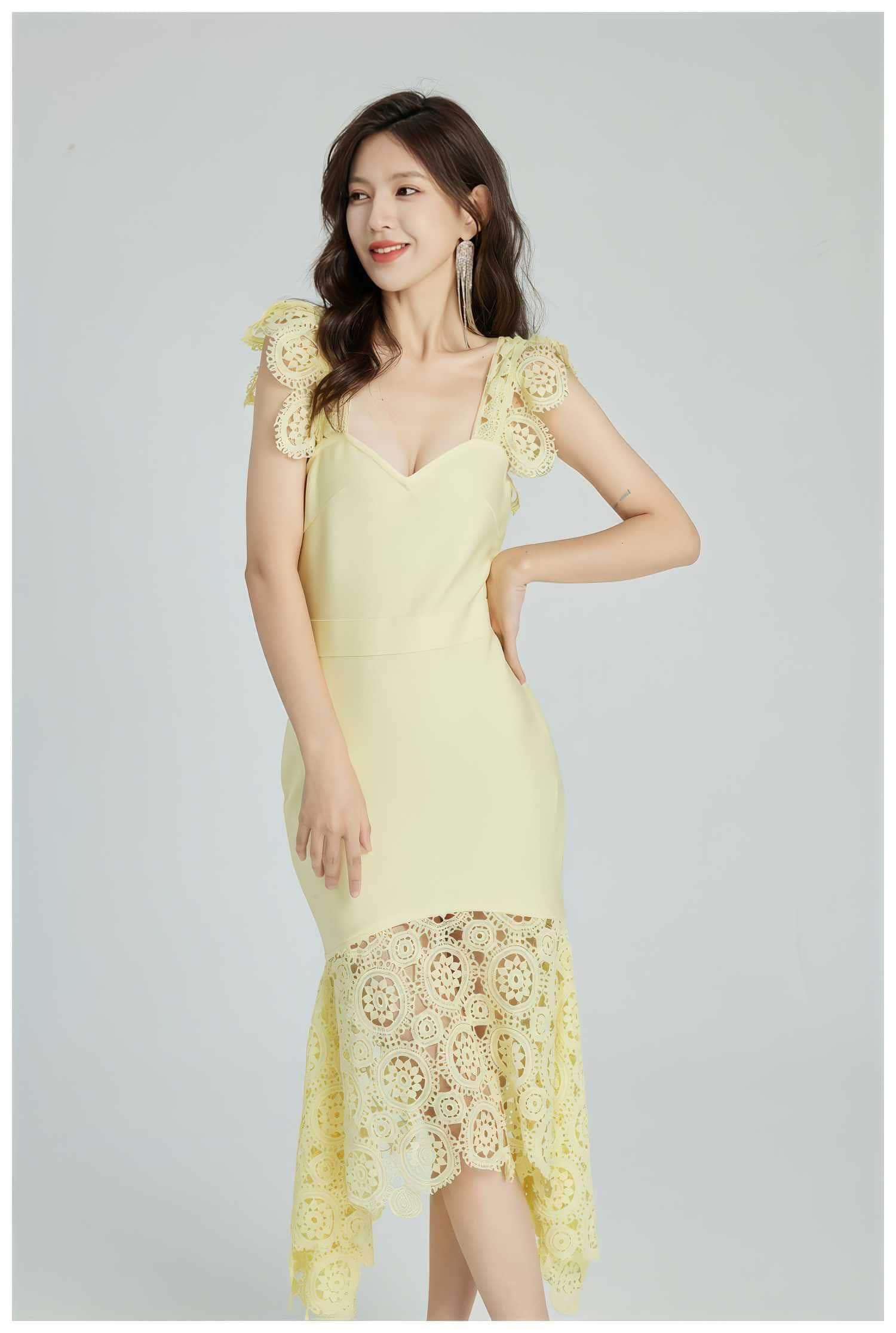Sweetheart Floral Lace Cocktail Dress XS / Yellow