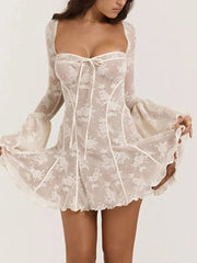Sweetheart Neck Lace Mini Dress Light Apricot / S