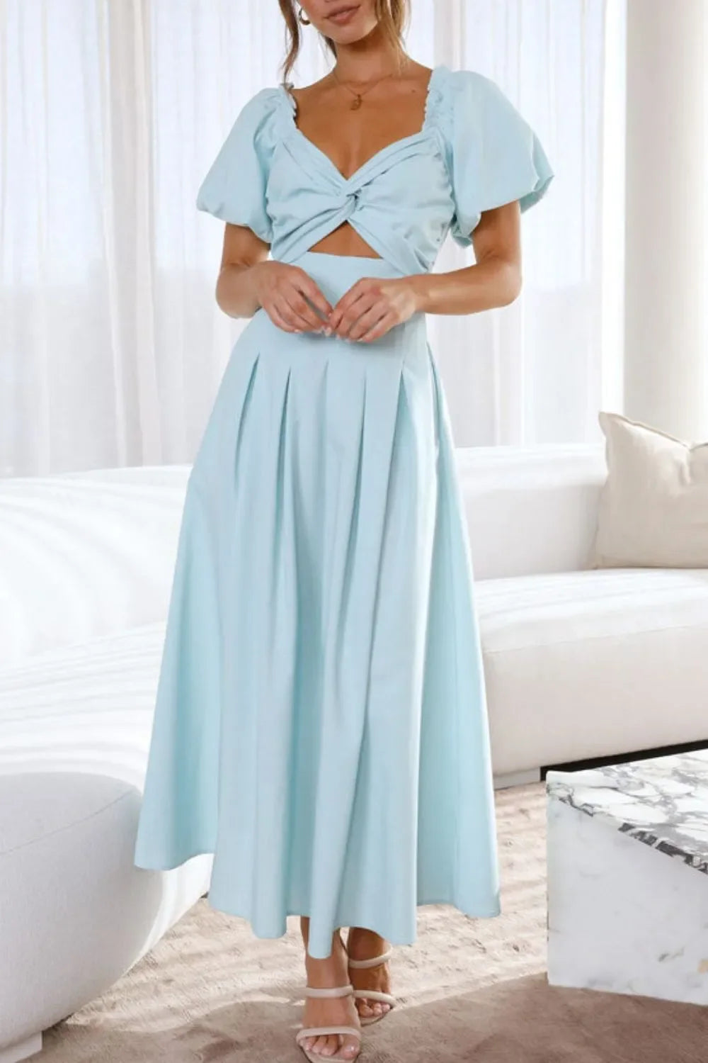 Sweetheart Neck Puff Sleeve Dress Pastel Blue / S