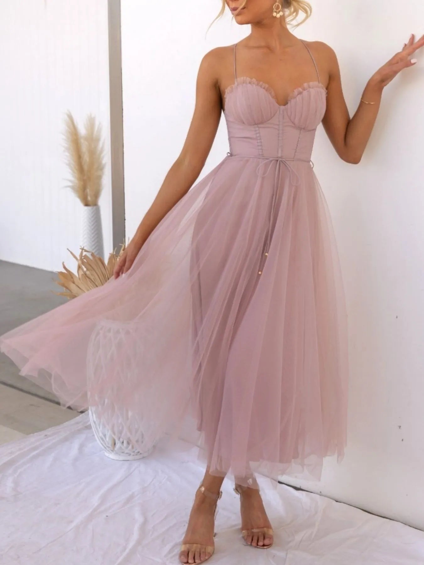 Sweetheart Neck Tulle Midi Dress Pink / S