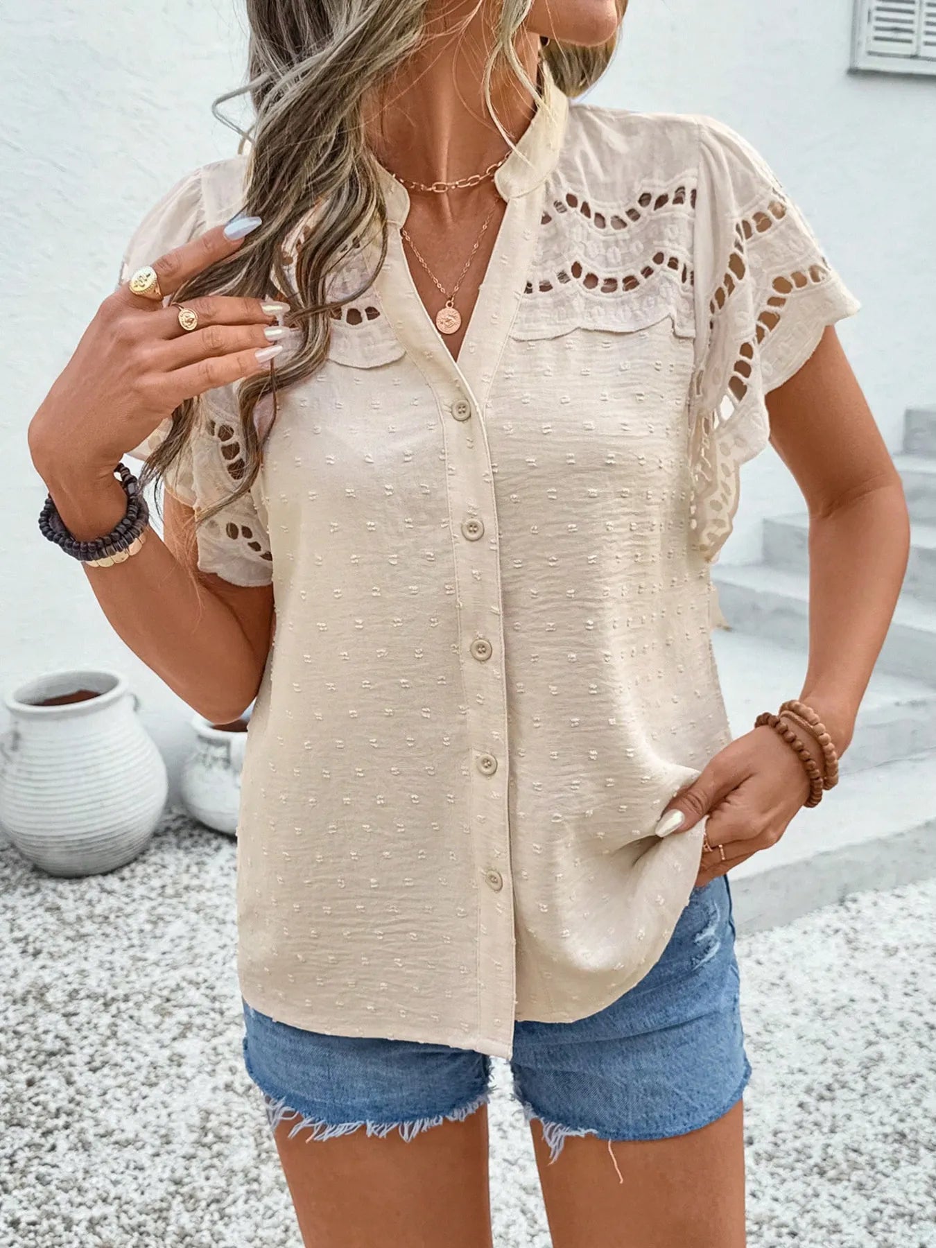 Swiss Dot Cutout Button Down Shirt