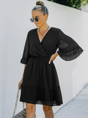 Swiss Dot Flare Sleeve Wrap Mini Dress