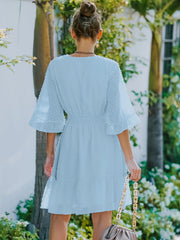 Swiss Dot Flare Sleeve Wrap Mini Dress
