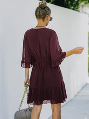 Swiss Dot Flare Sleeve Wrap Mini Dress