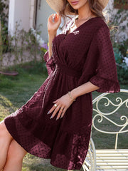 Swiss Dot Flare Sleeve Wrap Mini Dress
