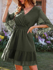 Swiss Dot Flare Sleeve Wrap Mini Dress Army Green / S