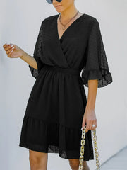 Swiss Dot Flare Sleeve Wrap Mini Dress Black / S