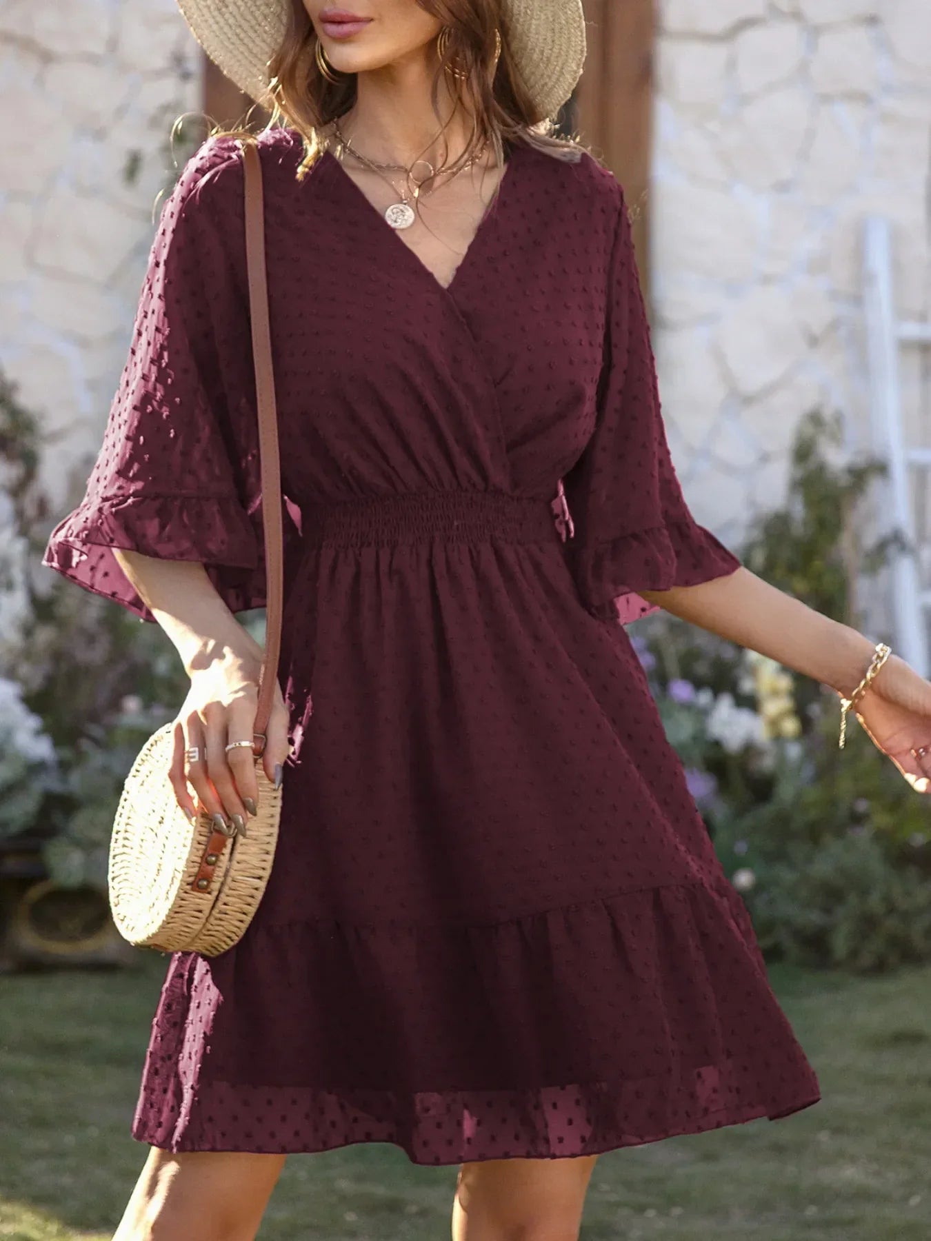 Swiss Dot Flare Sleeve Wrap Mini Dress Burgundy / S